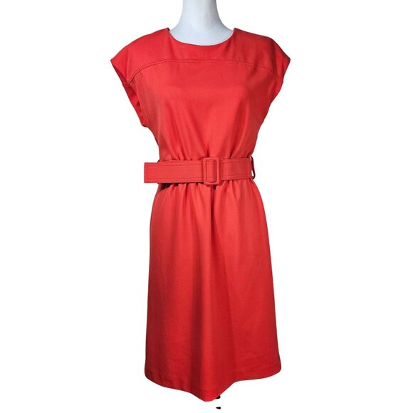 Calvin Klein Red Belted Knee Length Dress Sz 6 Elastic Waist Stretch Cap Sleeve - Picture 1 of 13